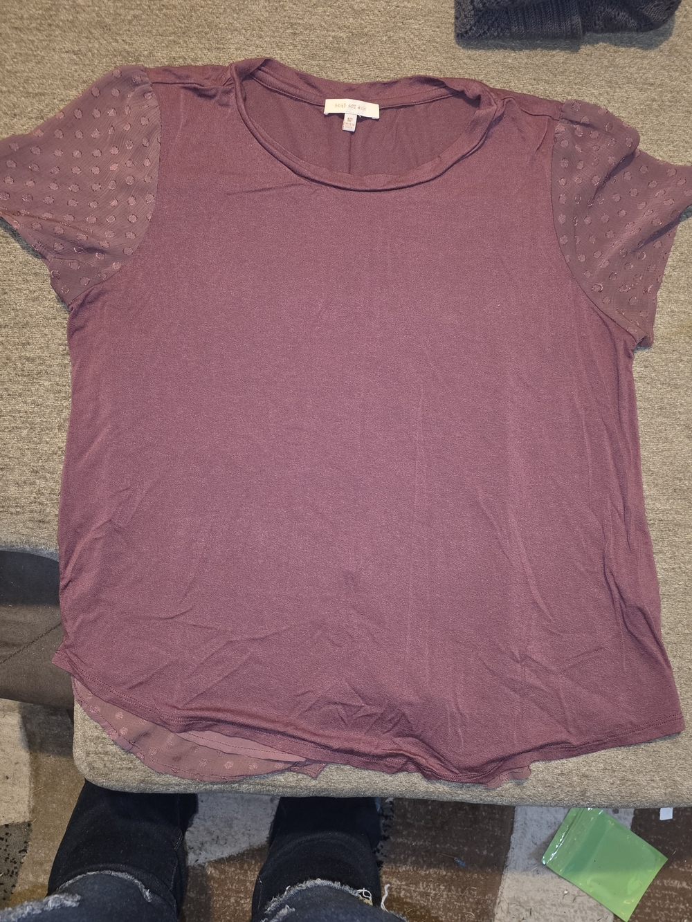 Skies Are Blue Plum Crewneck Top with Dotted Flutter Sleeves MP